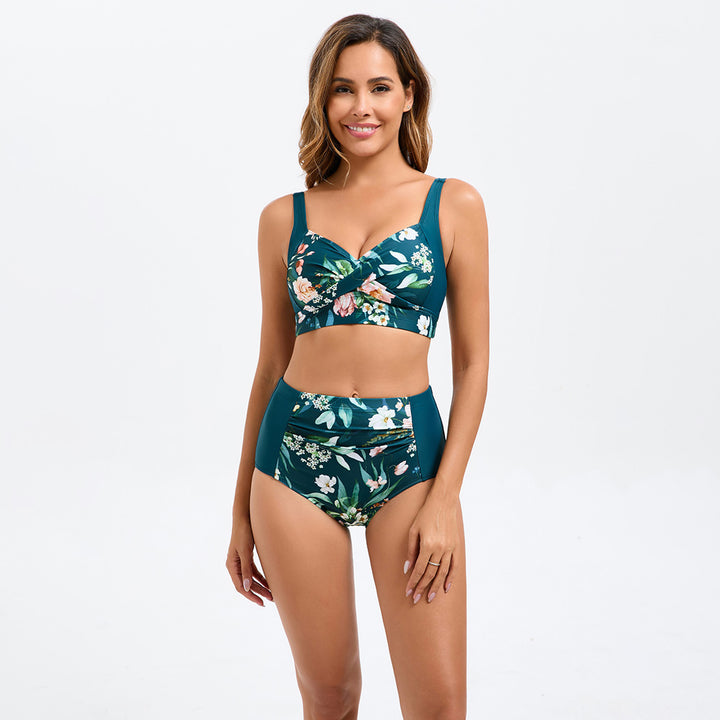 HN Women Contrast Color Swimsuit Knotted Bodice Padded Swim Tops+Ruched Briefs