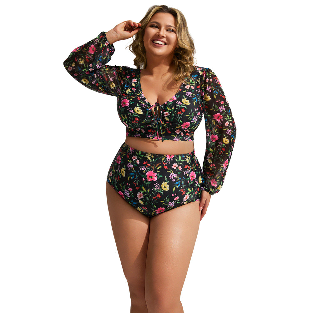 HN Women Plus Size 2pcs Set Swimsuit Long Sleeve V-Neck Padded Tops+Briefs