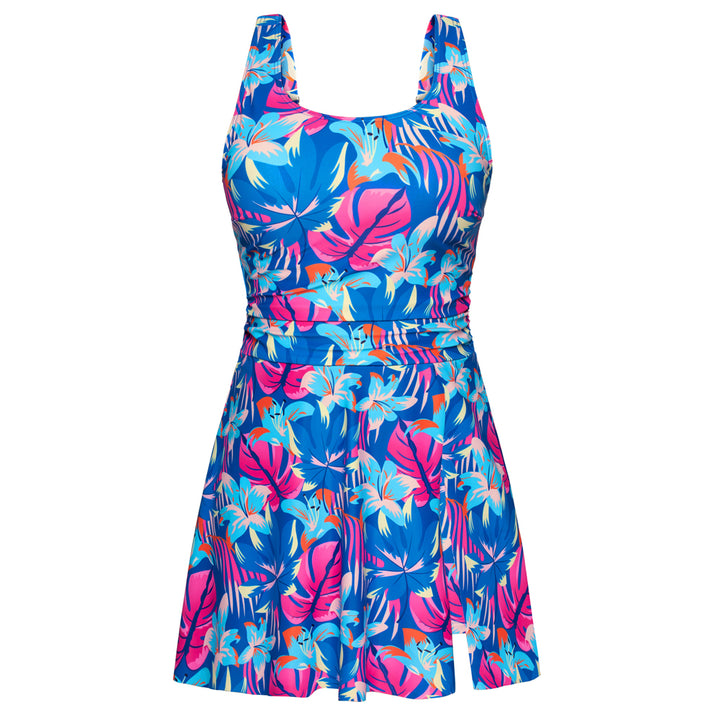 KK Women 2pcs Set Swimsuit Front Slit Padded Swim Dress+High Waist Briefs