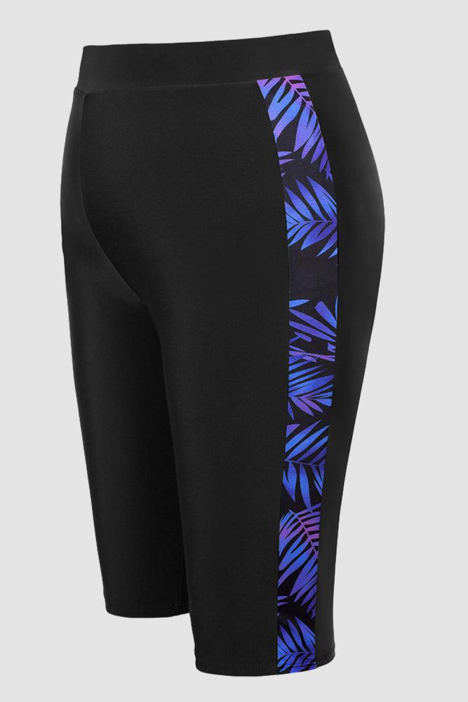 HN Women Plus Size Contrast Color Swimsuit U-Neck Padded Tops+Knee Length Shorts - Hanna Nikole#color_purple-leaves