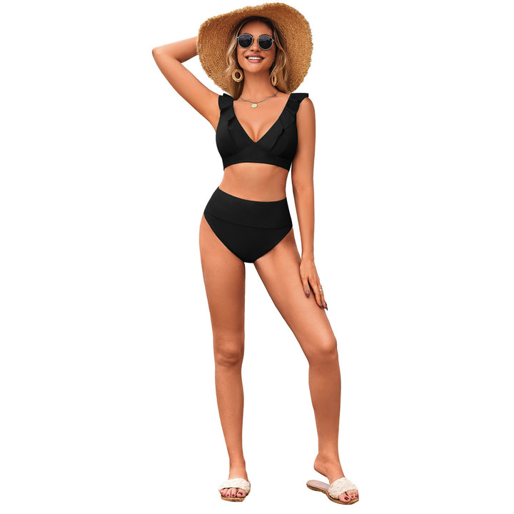 HN Women 2pcs Set Swimsuit Plunging V-Neck Padded Swim Tops+High Waist Briefs