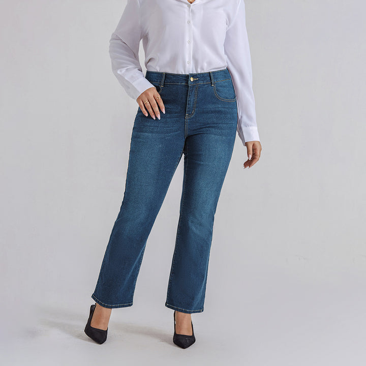 HN Women Plus Size Flared Bottoms High Waist Multi-Pocket Jean Pants Jeans