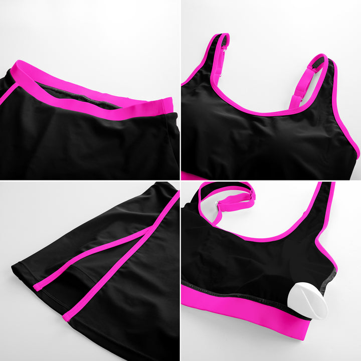 HN Women 2pcs Set Swimsuit U-Neck Padded Swim Tops+Elastic Waist Skirt Swimwear