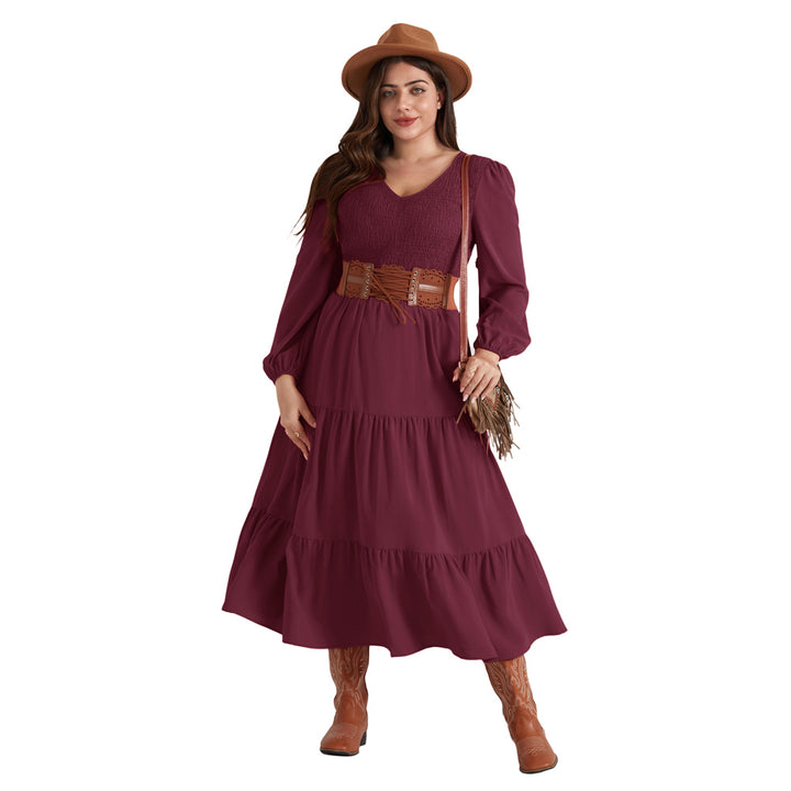 HN Women Plus Size Elastic Waist Dress Long Sleeve V-Neck Tiered A-Line Dress