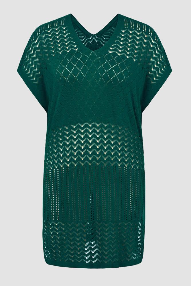 HN Women Plus Size Hollowed-out Cover-up Short Sleeve V-Neck Side Slit Knitwear - Hanna Nikole#color_dark-green