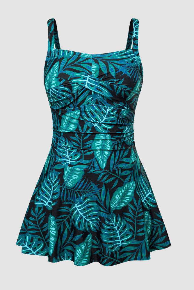 HN Women Plus Size Knotted Bodice Swim Dress with Attached Briefs Swimwear - Hanna Nikole#color_green-leaves