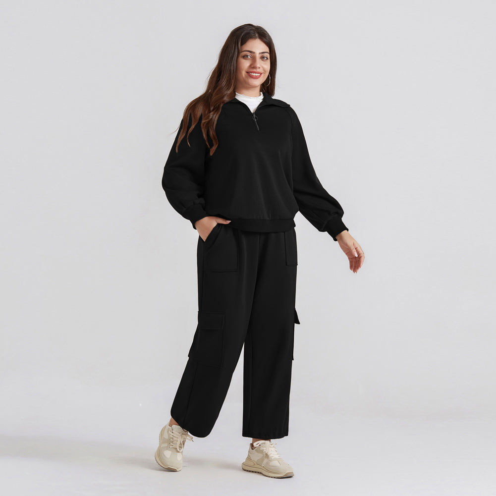 HN Women Plus Size 2pcs Set Outfits Casual Lapel Collar Tops+Wide-Leg Pants