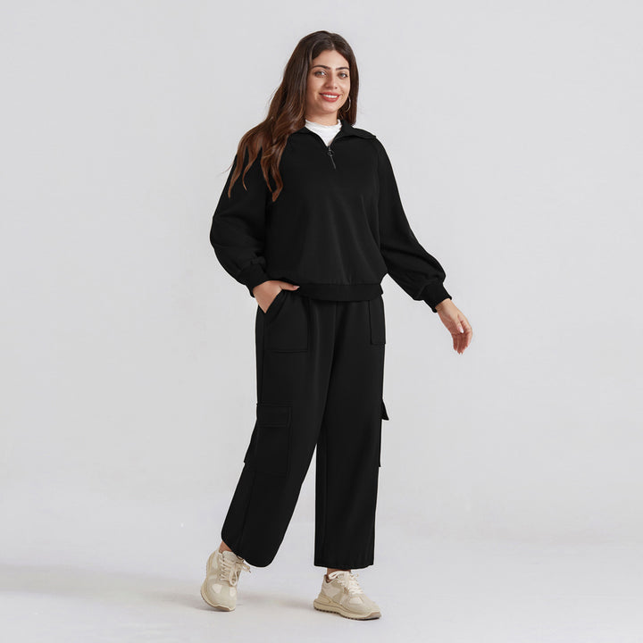 HN Women Plus Size 2pcs Set Outfits Casual Lapel Collar Tops+Wide-Leg Pants