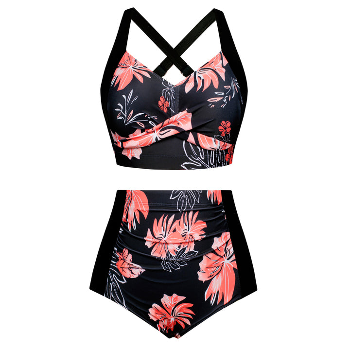 HN Women Contrast Color Swimsuit Knotted Bodice Padded Swim Tops+Ruched Briefs