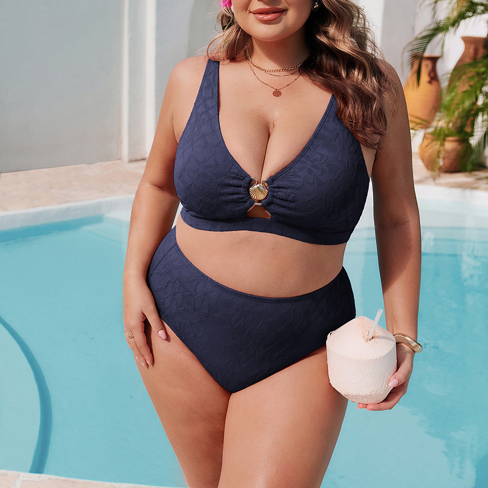 Hanna Nikole Women High Waisted Bikini Sets, 2 Piece Swimsuits Tummy Control, Textured Bathing Suit, Metal Cutout Swimwear