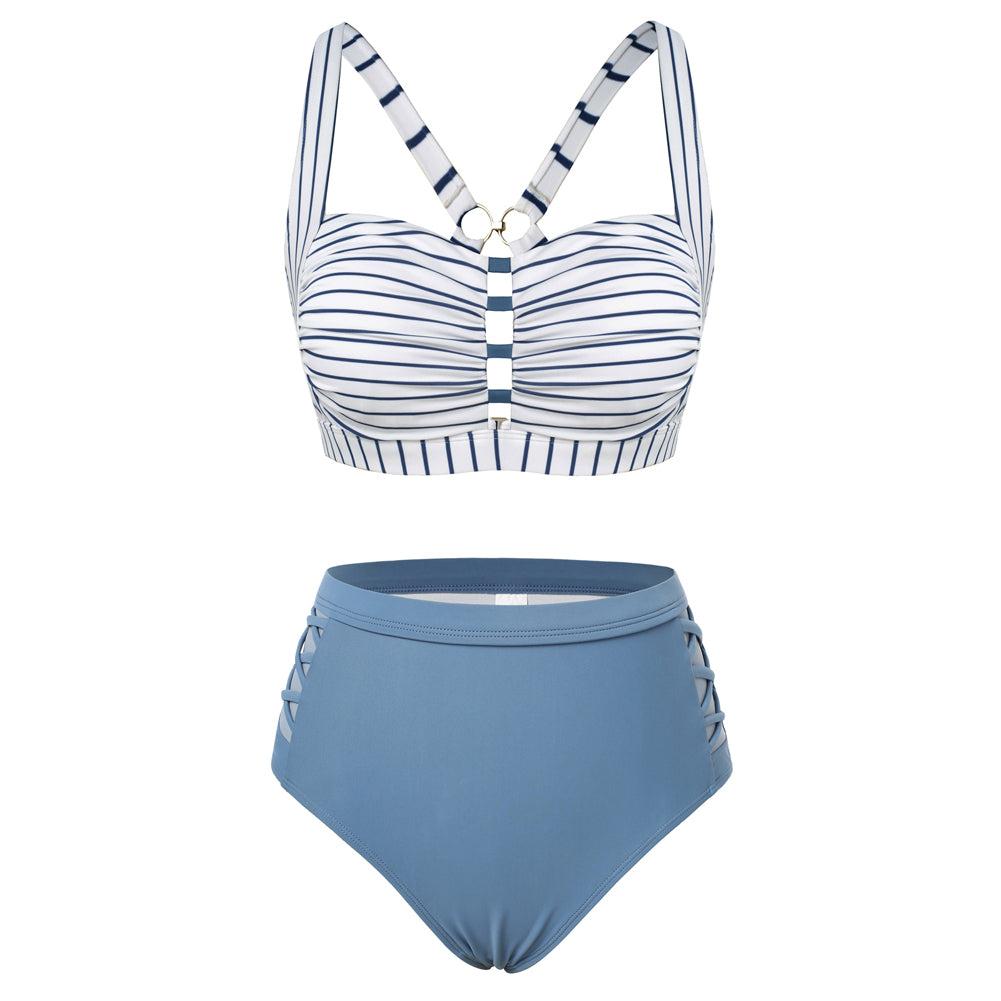 Hanna Nikole Women's Bikini Sets High Waisted, 2 Piece Bathing Suit Tummy Control, Push Up Cutout Ruched Swimsuit Beachwear