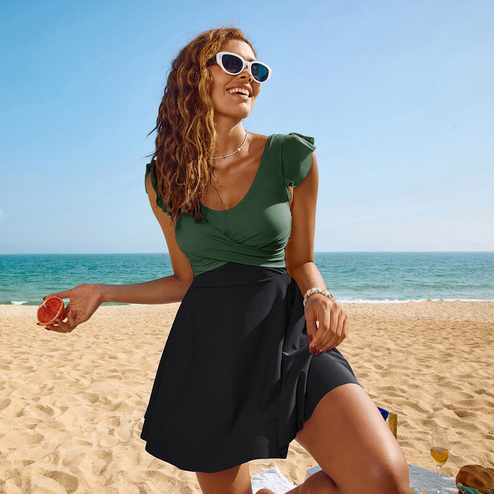 KK Women 2pcs Set Contrast Color Swimsuit V-Neck Padded Swim Dress+Briefs