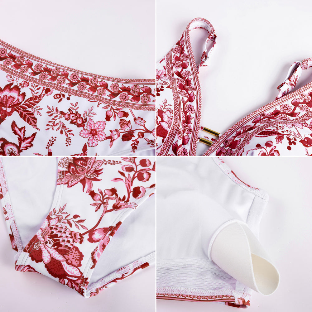 Hanna Nikole Womens High Waisted Bikini Sets Floral Print, 2 Piece Swimsuits Cutout, V Neck Bathing Suits Sexy Swimwear