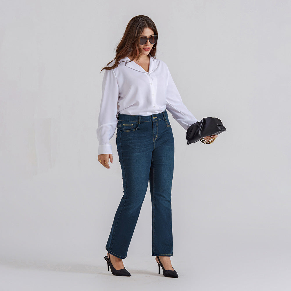 HN Women Plus Size Flared Bottoms High Waist Multi-Pocket Jean Pants Jeans