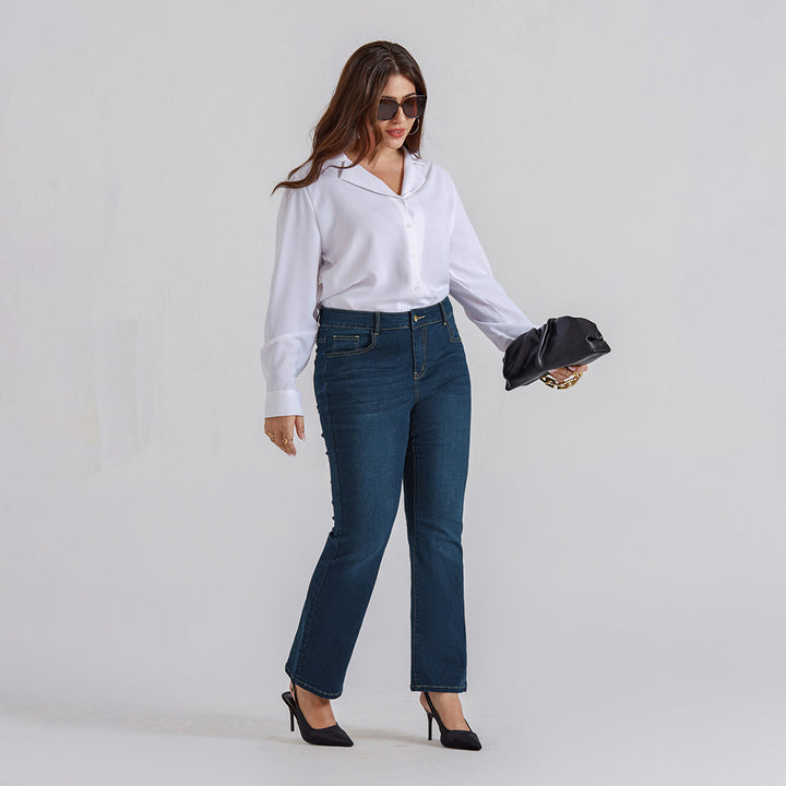 HN Women Plus Size Flared Bottoms High Waist Multi-Pocket Jean Pants Jeans