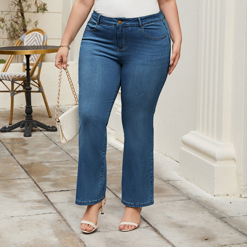 HN Women Plus Size Flared Bottoms High Waist Multi-Pocket Jean Pants Jeans