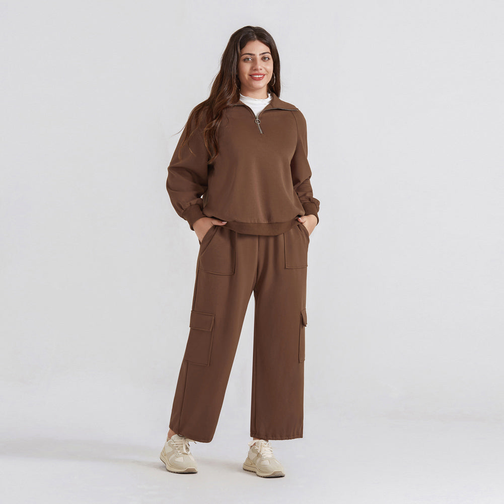 HN Women Plus Size 2pcs Set Outfits Casual Lapel Collar Tops+Wide-Leg Pants