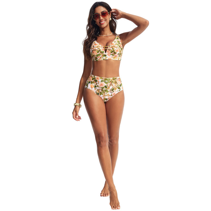 Hanna Nikole Womens High Waisted Bikini Sets Floral Print, 2 Piece Swimsuits Cutout, V Neck Bathing Suits Sexy Swimwear