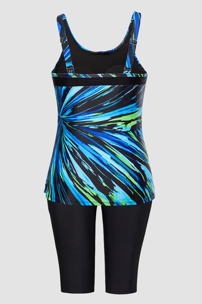 HN Women Plus Size Contrast Color Swimsuit U-Neck Padded Tops+Knee Length Shorts - Hanna Nikole#color_radial-streaks