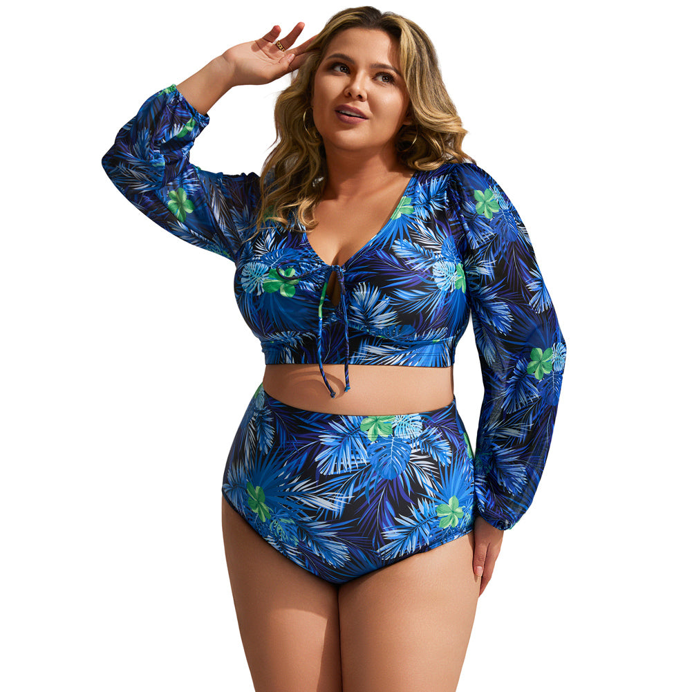 HN Women Plus Size 2pcs Set Swimsuit Long Sleeve V-Neck Padded Tops+Briefs