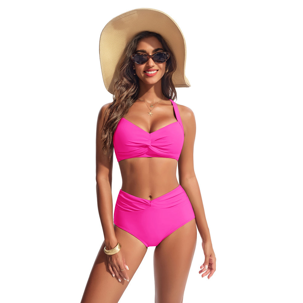 HN Women Knotted Design Swimsuit Cross-Back Padded Swim Tops+Briefs Swimwear