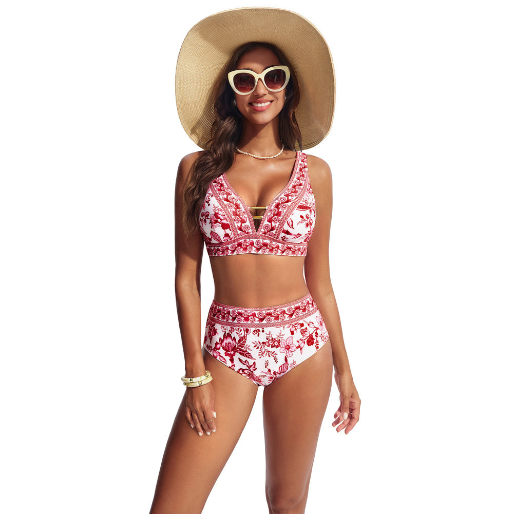 Hanna Nikole Womens High Waisted Bikini Sets Floral Print, 2 Piece Swimsuits Cutout, V Neck Bathing Suits Sexy Swimwear