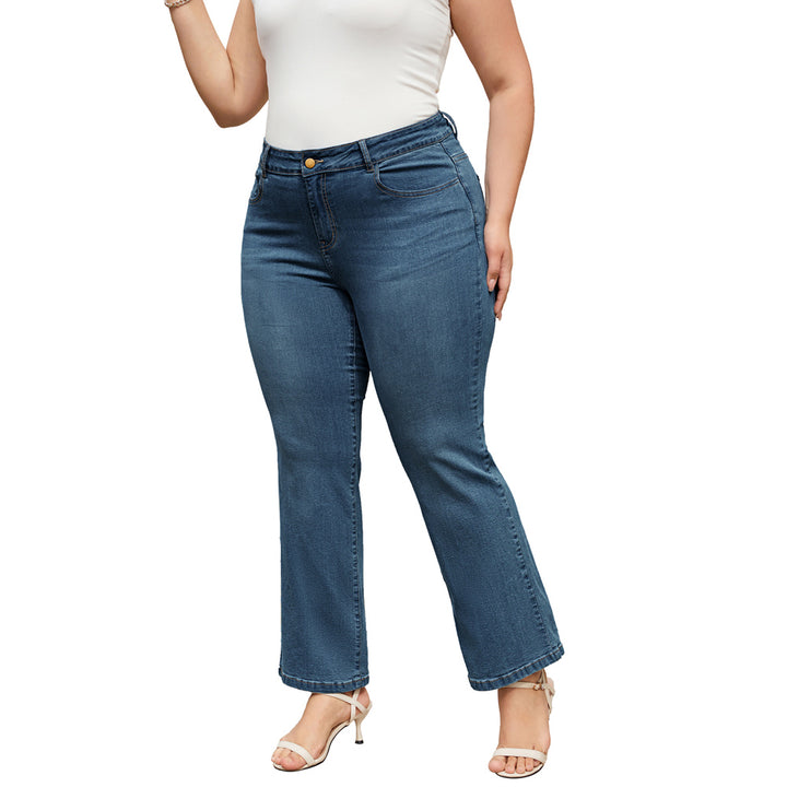 HN Women Plus Size Flared Bottoms High Waist Multi-Pocket Jean Pants Jeans
