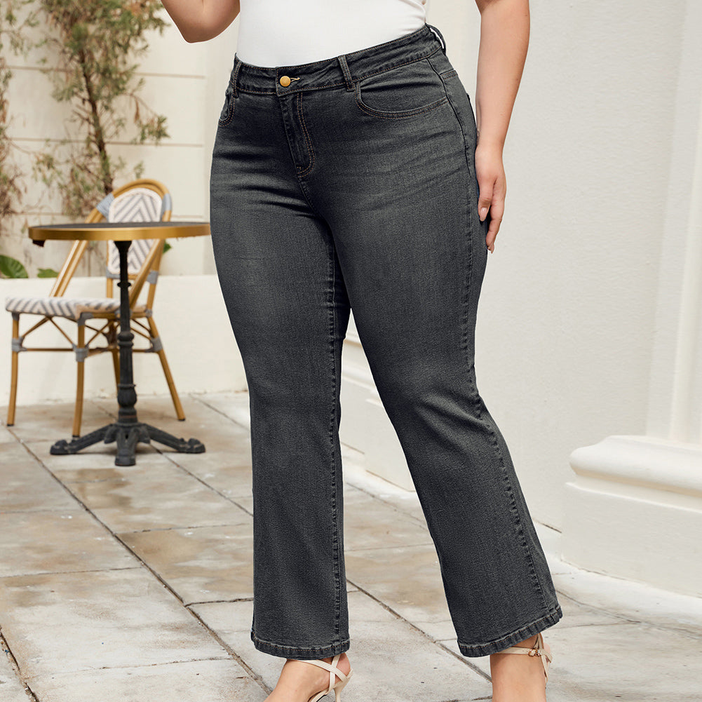 HN Women Plus Size Flared Bottoms High Waist Multi-Pocket Jean Pants Jeans