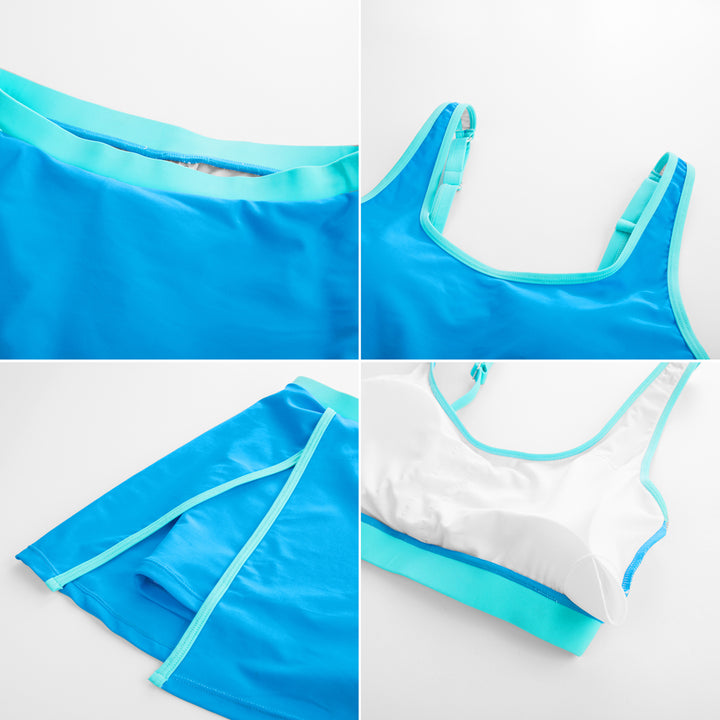 HN Women 2pcs Set Swimsuit U-Neck Padded Swim Tops+Elastic Waist Skirt Swimwear