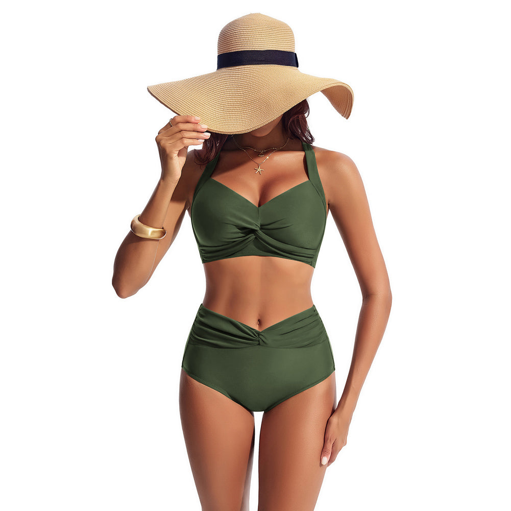 HN Women Knotted Design Swimsuit Cross-Back Padded Swim Tops+Briefs Swimwear