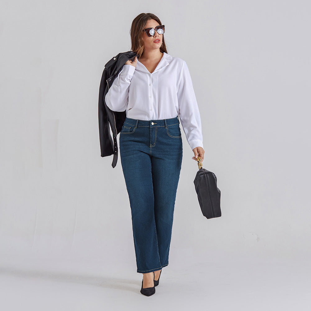 HN Women Plus Size Flared Bottoms High Waist Multi-Pocket Jean Pants Jeans