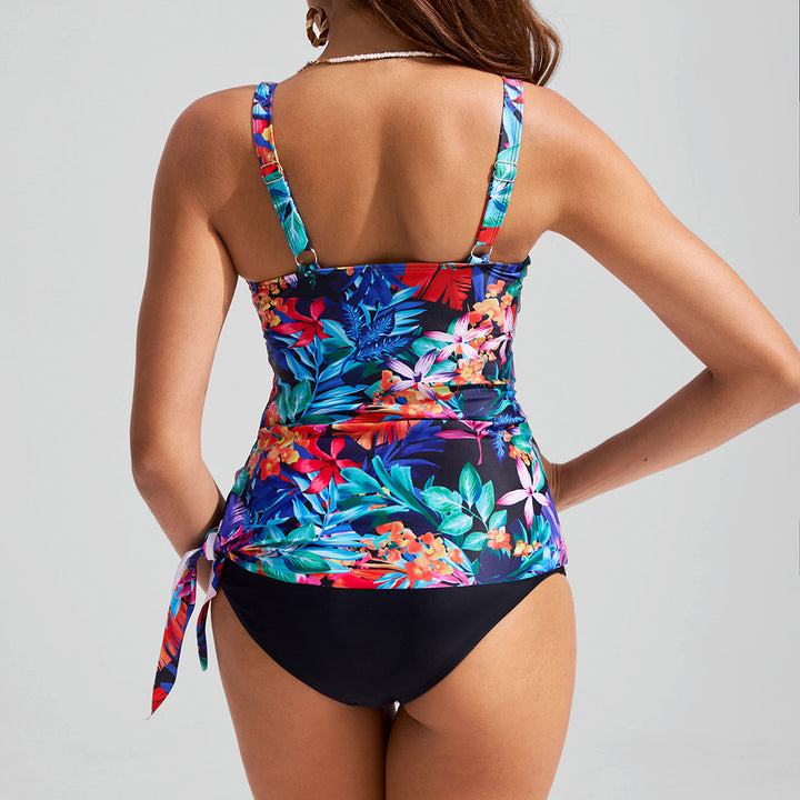 KK Women 2pcs Set Swimsuit V-Neck Padded Swim Tops+High Waist Briefs Swimwear