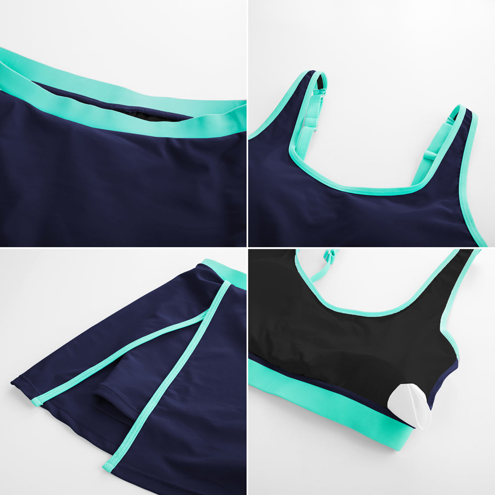 HN Women 2pcs Set Swimsuit U-Neck Padded Swim Tops+Elastic Waist Skirt Swimwear