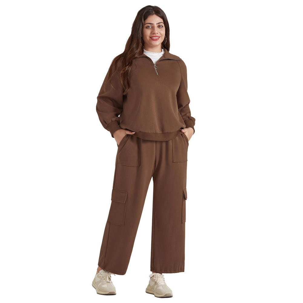 HN Women Plus Size 2pcs Set Outfits Casual Lapel Collar Tops+Wide-Leg Pants