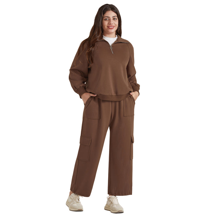 HN Women Plus Size 2pcs Set Outfits Casual Lapel Collar Tops+Wide-Leg Pants