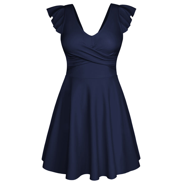 KK Women 2pcs Set Contrast Color Swimsuit V-Neck Padded Swim Dress+Briefs