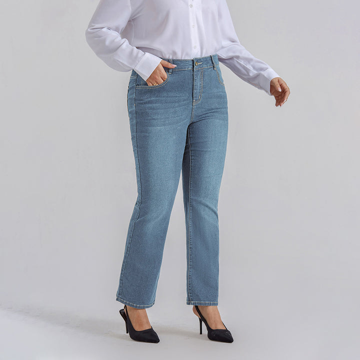 HN Women Plus Size Flared Bottoms High Waist Multi-Pocket Jean Pants Jeans