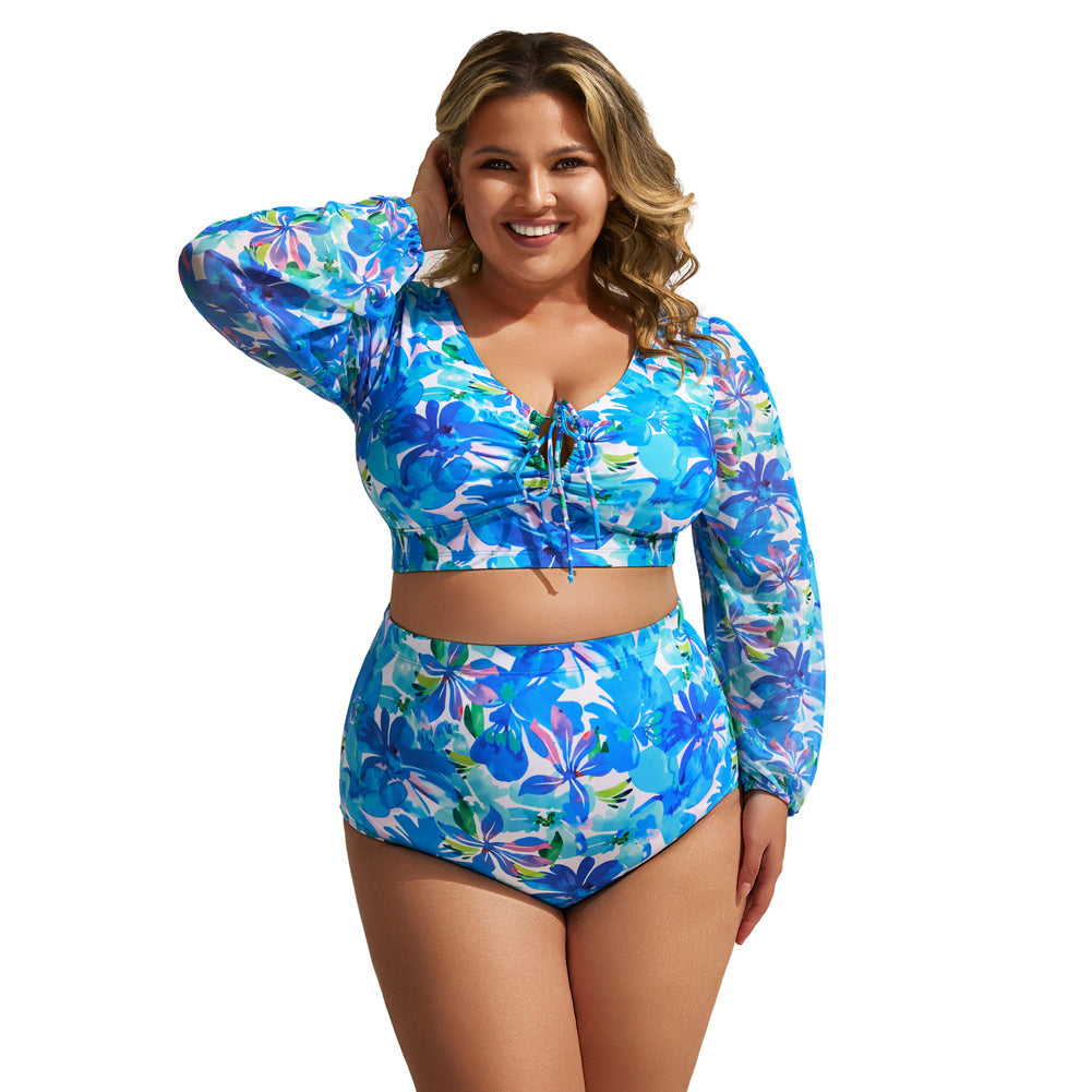 HN Women Plus Size 2pcs Set Swimsuit Long Sleeve V-Neck Padded Tops+Briefs