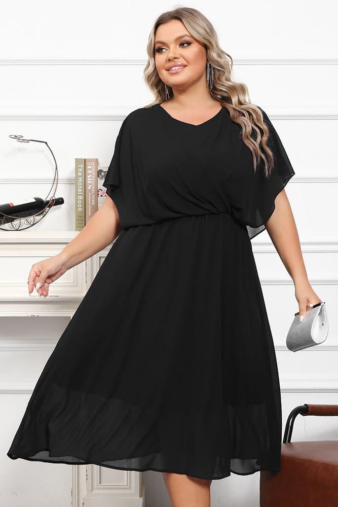 Hanna Nikole Plus Size Black Dress Women Babydoll Dot Chiffon Long