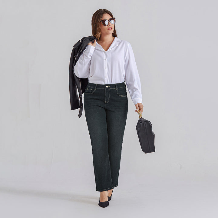 HN Women Plus Size Flared Bottoms High Waist Multi-Pocket Jean Pants Jeans