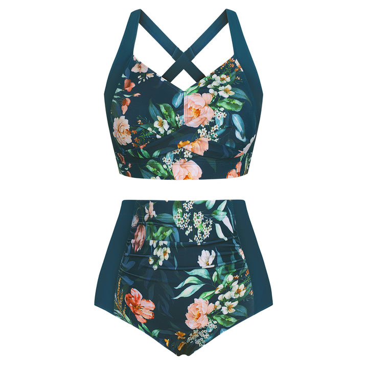 HN Women Contrast Color Swimsuit Knotted Bodice Padded Swim Tops+Ruched Briefs