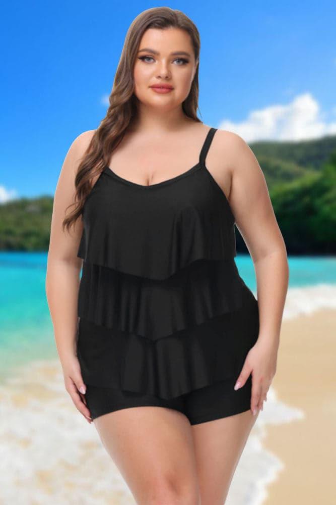 Black Separated Swimsuit Ruffle Decorated Tankini Set - Hanna Nikole