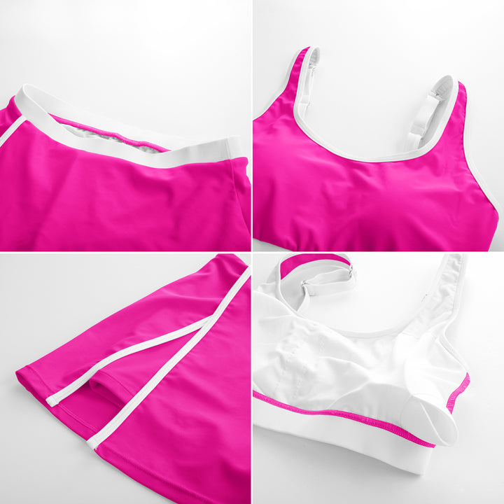 HN Women 2pcs Set Swimsuit U-Neck Padded Swim Tops+Elastic Waist Skirt Swimwear