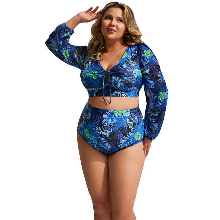 HN Women Plus Size 2pcs Set Swimsuit Long Sleeve V-Neck Padded Tops+Briefs