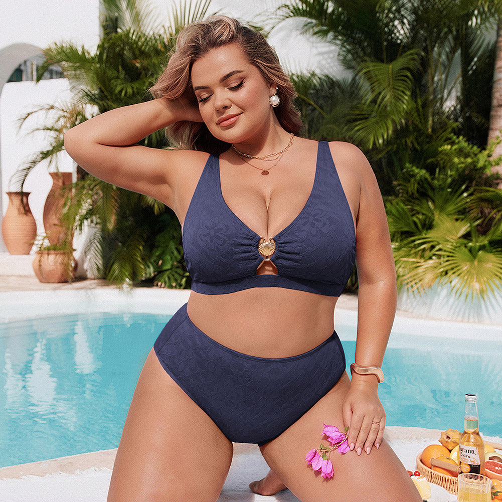 Hanna Nikole Women High Waisted Bikini Sets, 2 Piece Swimsuits Tummy Control, Textured Bathing Suit, Metal Cutout Swimwear