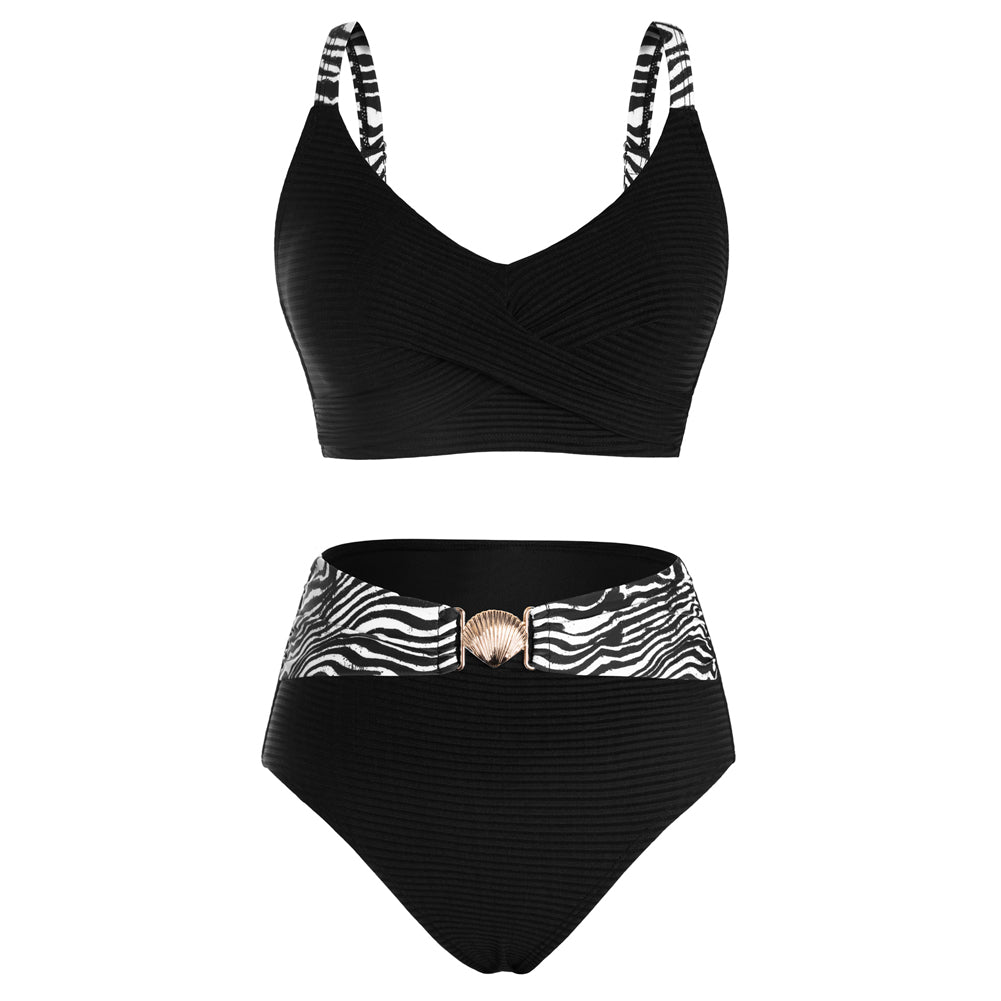 Hanna Nikole Womens High Waisted Bikini Sets, Textured Tummy Control Swimsuit, 2 Piece Twist Color Block Bathing Suits