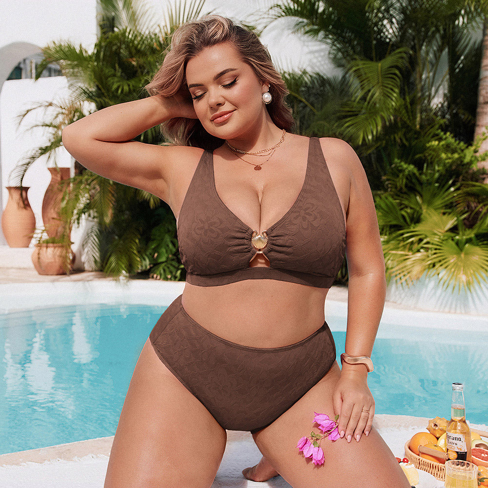 Hanna Nikole Women High Waisted Bikini Sets, 2 Piece Swimsuits Tummy Control, Textured Bathing Suit, Metal Cutout Swimwear