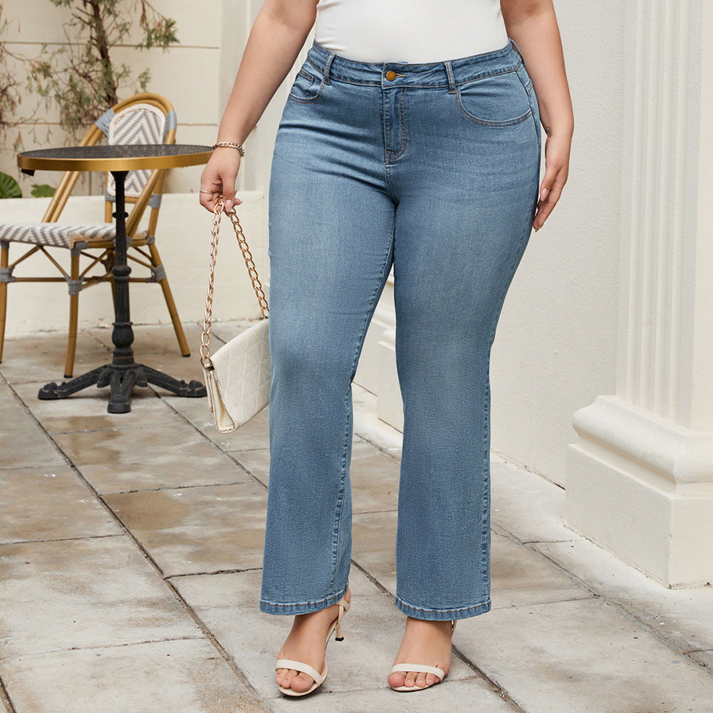 HN Women Plus Size Flared Bottoms High Waist Multi-Pocket Jean Pants Jeans
