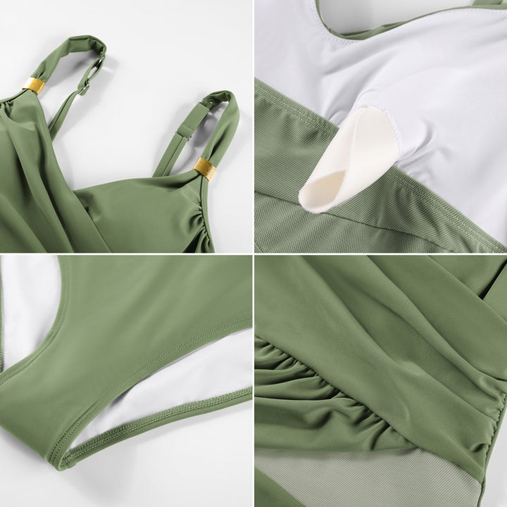 Hanna Nikole Women One Piece Swimsuit, Wrap Tummy Control Swim Bathing Suits, Modest Ruched V Neck Mesh Swimwear