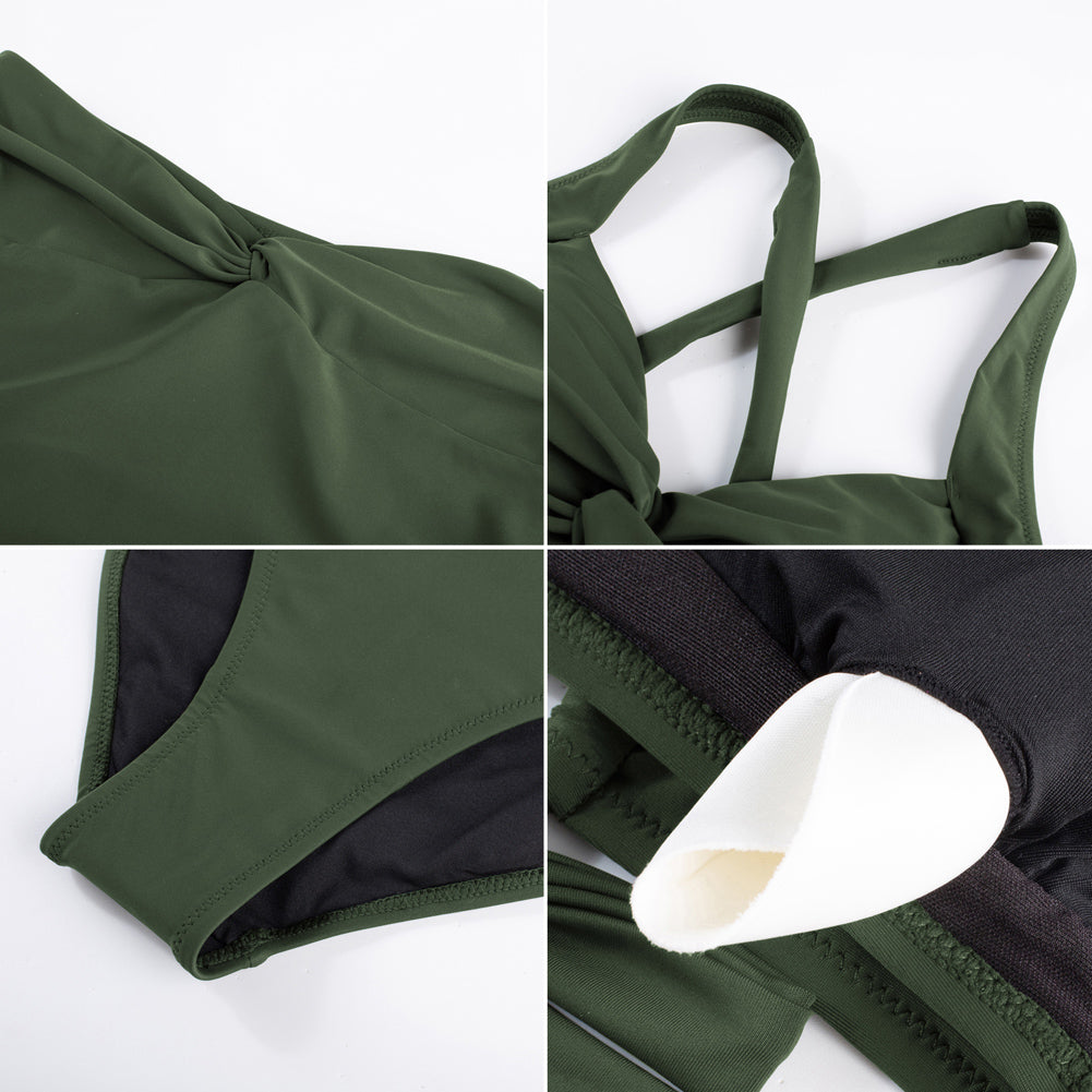 HN Women Knotted Design Swimsuit Cross-Back Padded Swim Tops+Briefs Swimwear